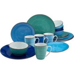 CreaTable Kombiservice »Copacabana«, (Set, 16 Tlg., Kaffeeservice Und Tafelservice Im Set, Für 4 Personen), Service, Handgemalter Spiraldekor, Moderne Coupeform