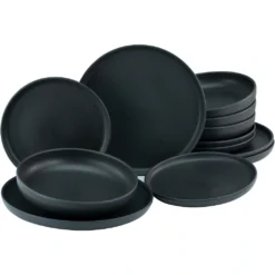 CreaTable Tafelservice »Uno Black«, (Set, 12 Tlg., Teller Set Für 4 Personen), Service, Schwarz, Mit Seidenmatter Spezialglasur, Made In Europe