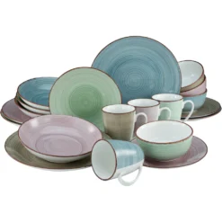 CreaTable Kombiservice »Samba«, (Set, 20 Tlg., Kaffeeservice Und Tafelservice Im Set, Für 4 Personen), Service, Handgemalter Spiraldekor, 4 Pastellfarben