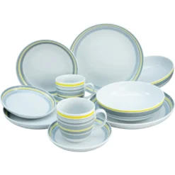 CreaTable Kombiservice »Trend Line«, (Set, 10 Tlg., Kaffeeservice Und Tafelservice Im Set, Für 2 Personen), Service, Mit Bänderdekor In Gelb/grau, Made In Europe