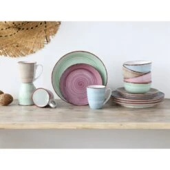 CreaTable Kombiservice »Samba«, (Set, 16 Tlg., Kaffeeservice Und Tafelservice Im Set, Für 4 Personen), Service, Handgemalter Spiraldekor, 4 Pastellfarben -Creatable 701003eee197c4efdd390444cbdf9fe7