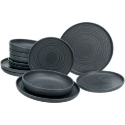 CreaTable Tafelservice »Uno«, (Set, 12 Tlg., Teller Set Für 4 Personen), Service, Schwarz, Seidenmatte Spezialglasur, Ausdrucksstarkes Relief