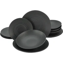 CreaTable Tafelservice »Lava Stone«, (Set, 12 Tlg., Teller Set Für 4 Personen), Service, Schwarz, Reliefdekor, Made In Europe